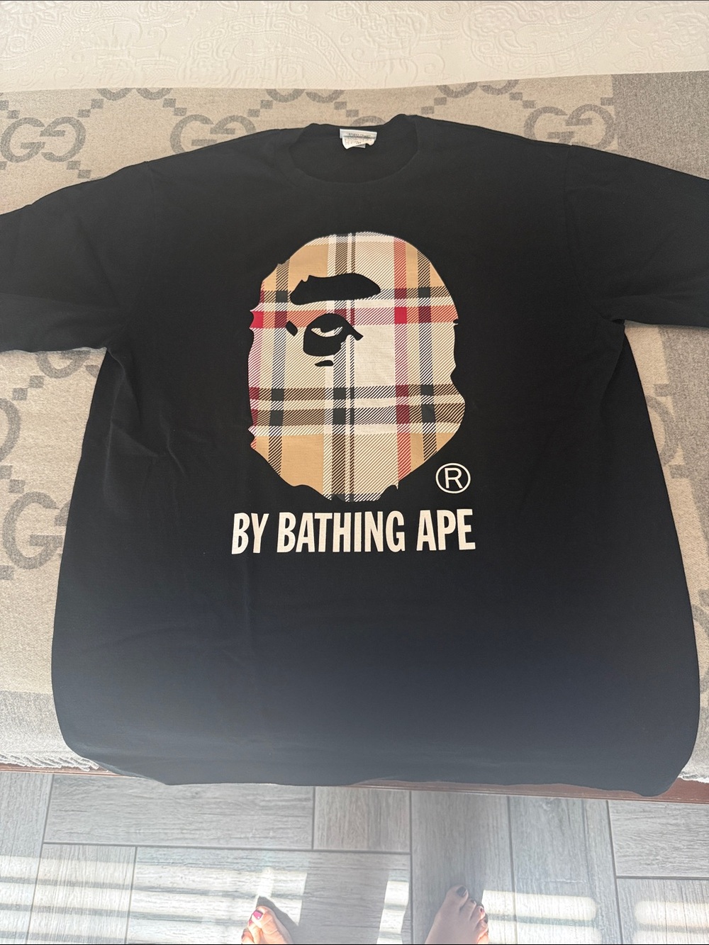 A Bathing Ape Black Short Sleeve Logo Tee - Plaid Ape Graphic